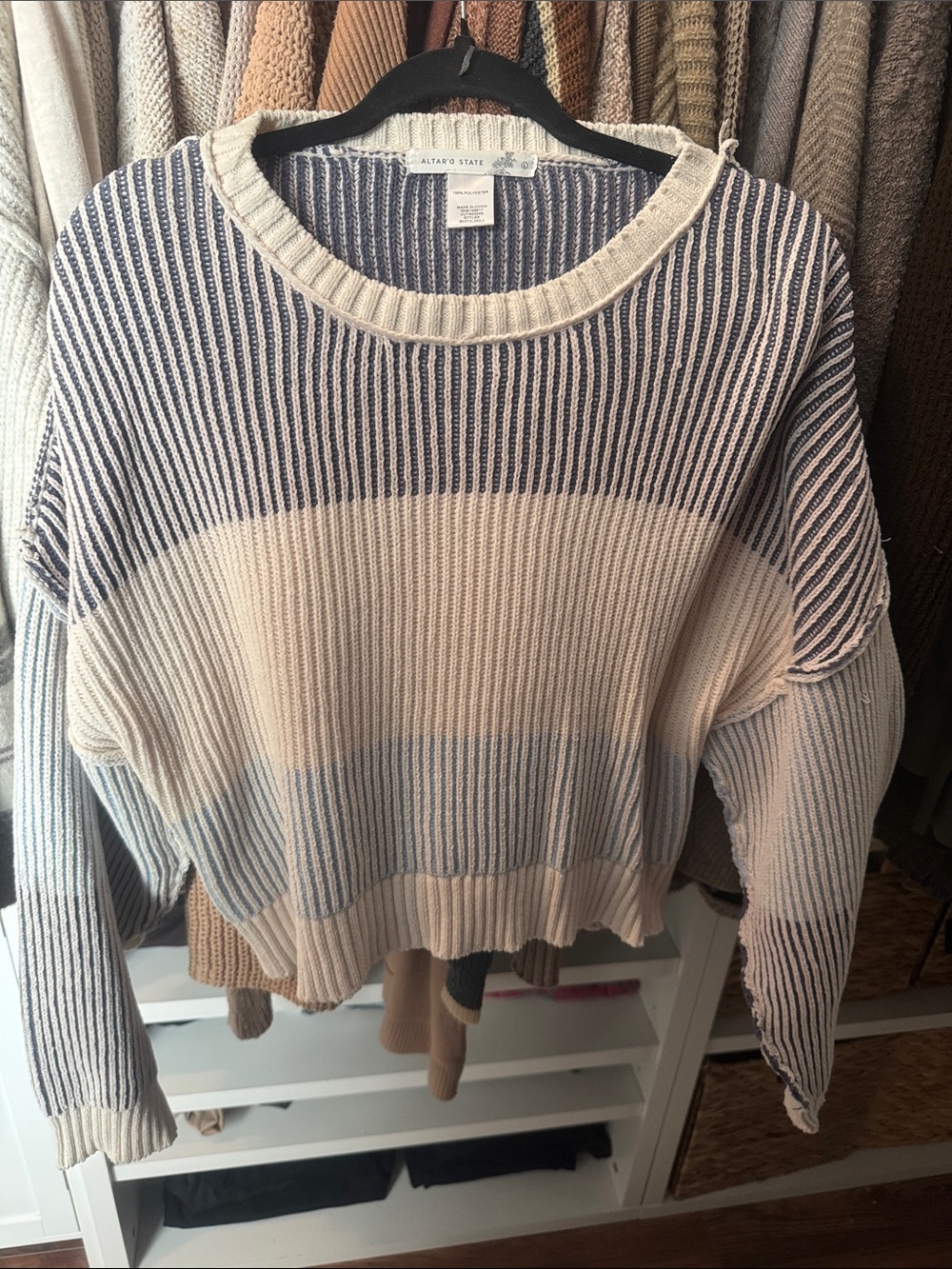 Altar'd State Cream and Blue Striped Crewneck Sweater
